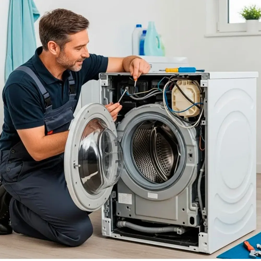Quick Wash Expert technician repairing a washing machine at a customer's home in Hyderabad